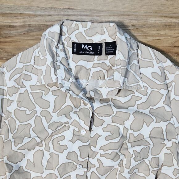 🔹️MG Silk Collection Cream & Tan 100% Silk Buttoned Shirt Dress Small - Picture 3 of 14